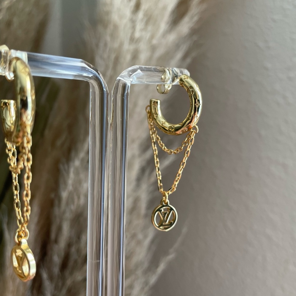 L V Mini Hoop Chain Earrings